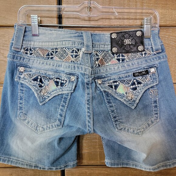 MISS ME LOW RISE SHORTS BLUE JEAN DENIM W/RHINESTONES & HOLOGRAPHIC POCKETS SIZE - Picture 1 of 13